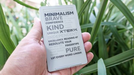 A person holding up the Xteink X4 e-reader in front of some plants