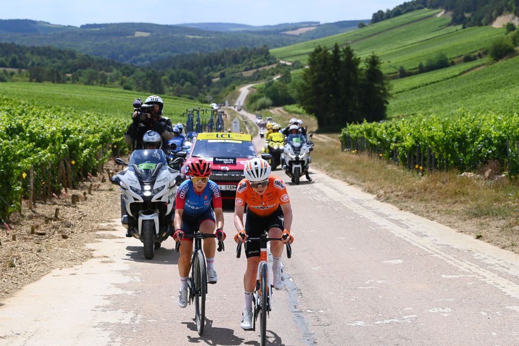 BARSURAUBE FRANCE JULY 27 LR Laura Asencio of France and Ceratizit Wnt Pro Cycling Team and Coralie Demay of France and Team St Michel Auber 93 compete in the breakaway during the 1st Tour de France Femmes 2022 Stage 4 a 1268km stage from Troyes to BarSurAube TDFF UCIWWT on July 27 2022 in BarsurAube France Photo by Tim de WaeleGetty Images