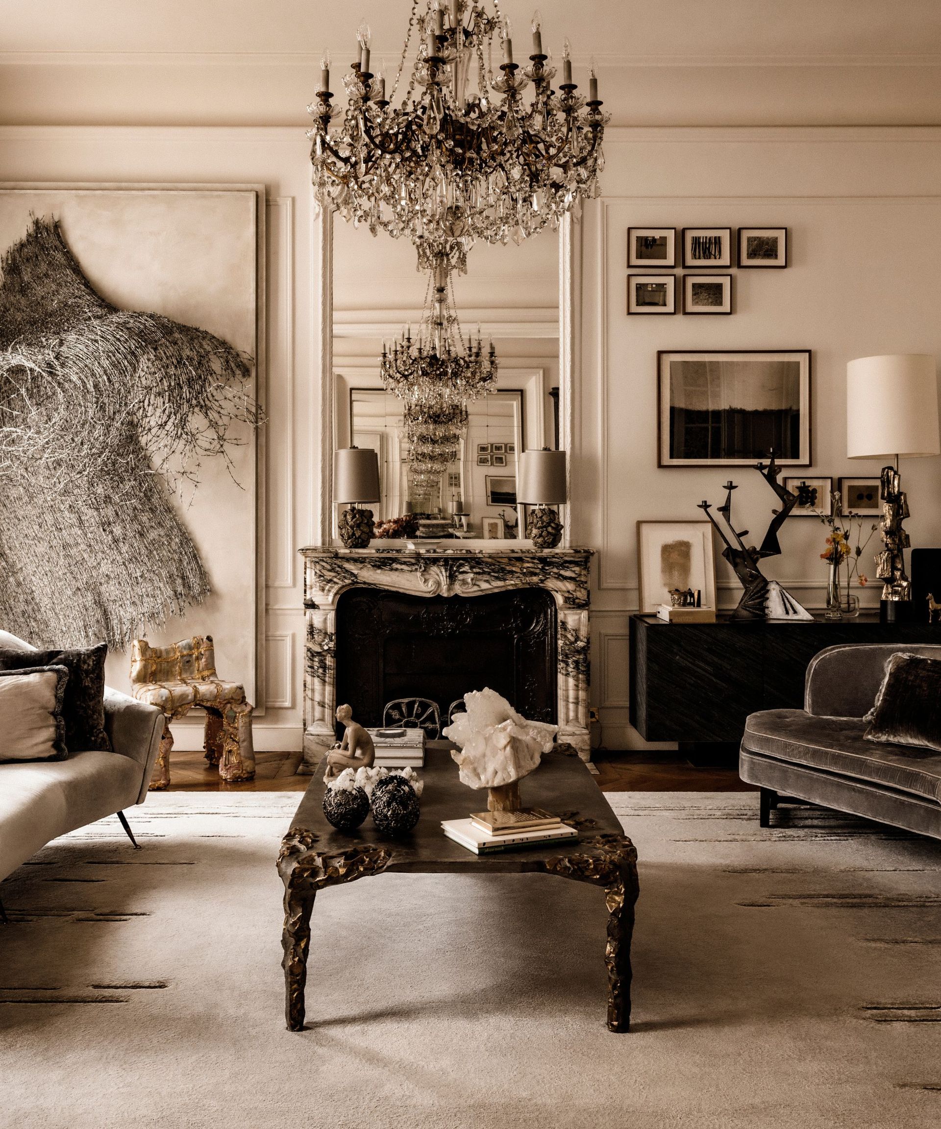 monchrome living space with large statement art all monochrome palette