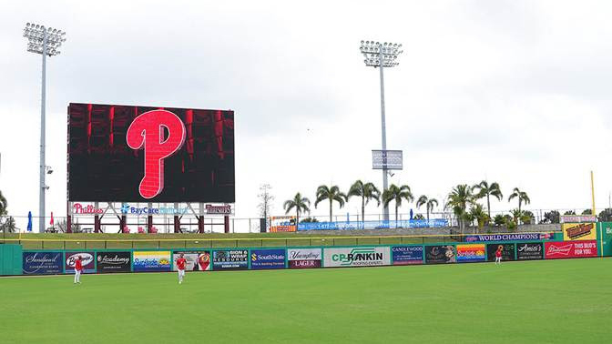 The new Daktronics scoreboard showing the Philadelphia Phillies P logo at spring training. 