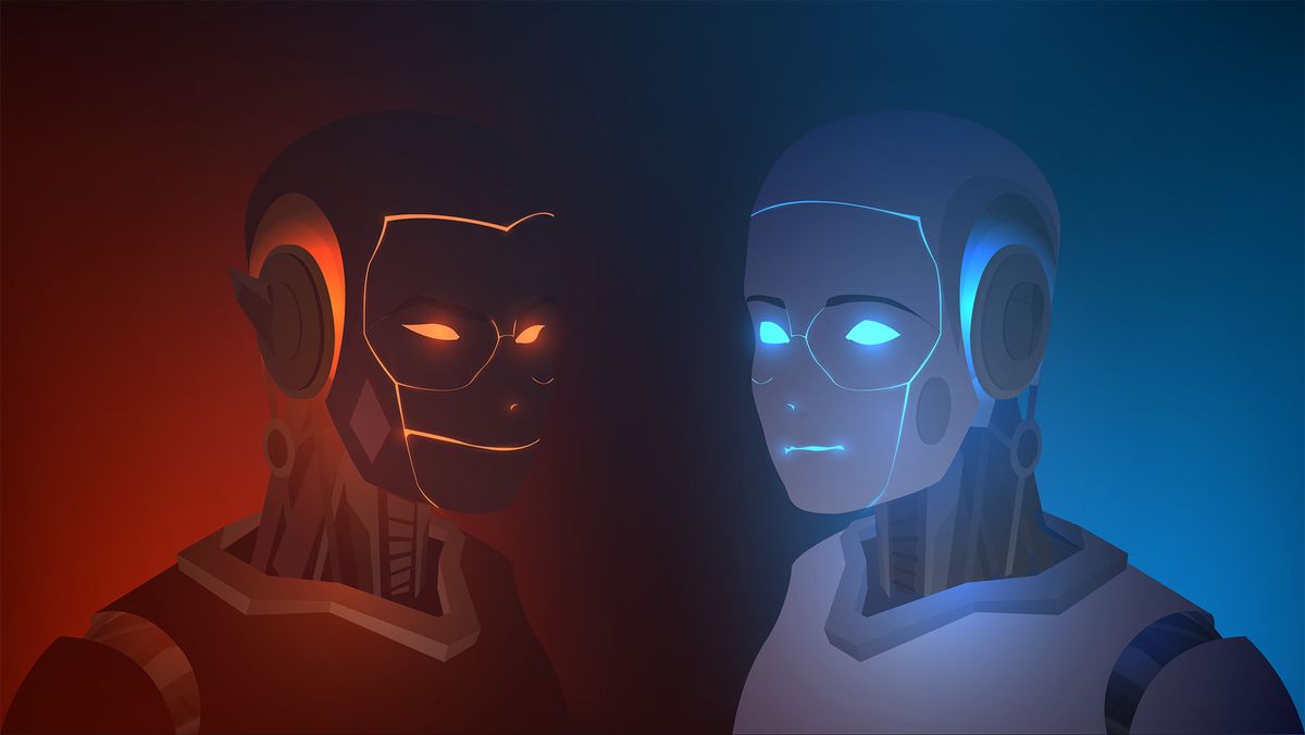 Two robots, one evil and red, one good and blue, facing each other