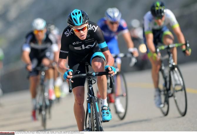 Chris Froome (Sky) goes on the offensive on a climb late in stage 3