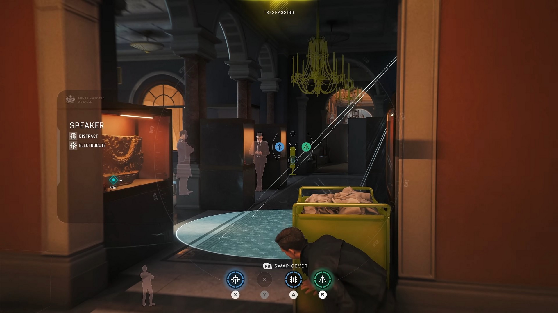 James Bond in 007 First Light peeks around a corner at a guard and a CCTV camera