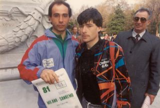 Gianni Bugno with Emanuele Bombini on the eve of the 1990 Milan-San Remo.