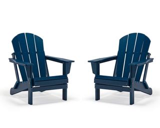 A pair of navy blue Adirondack chairs