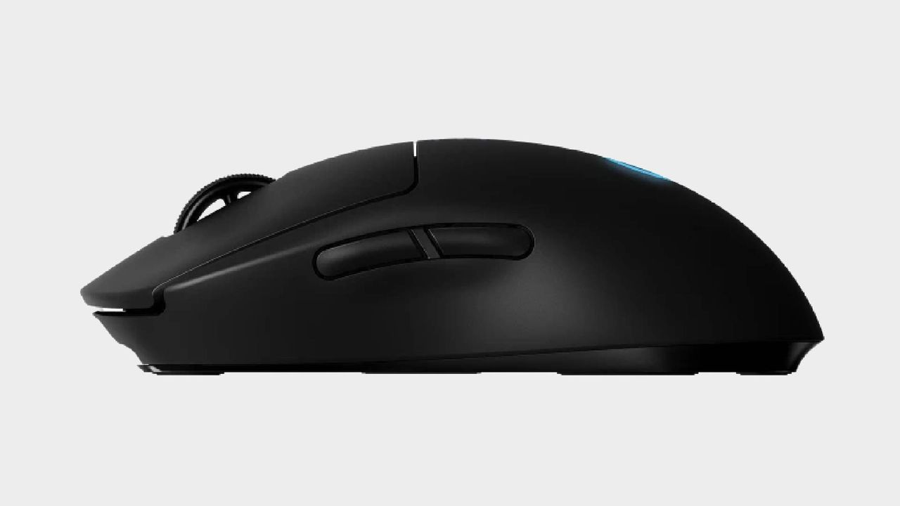 Logitech G Pro wireless gaming mouse on a grey background