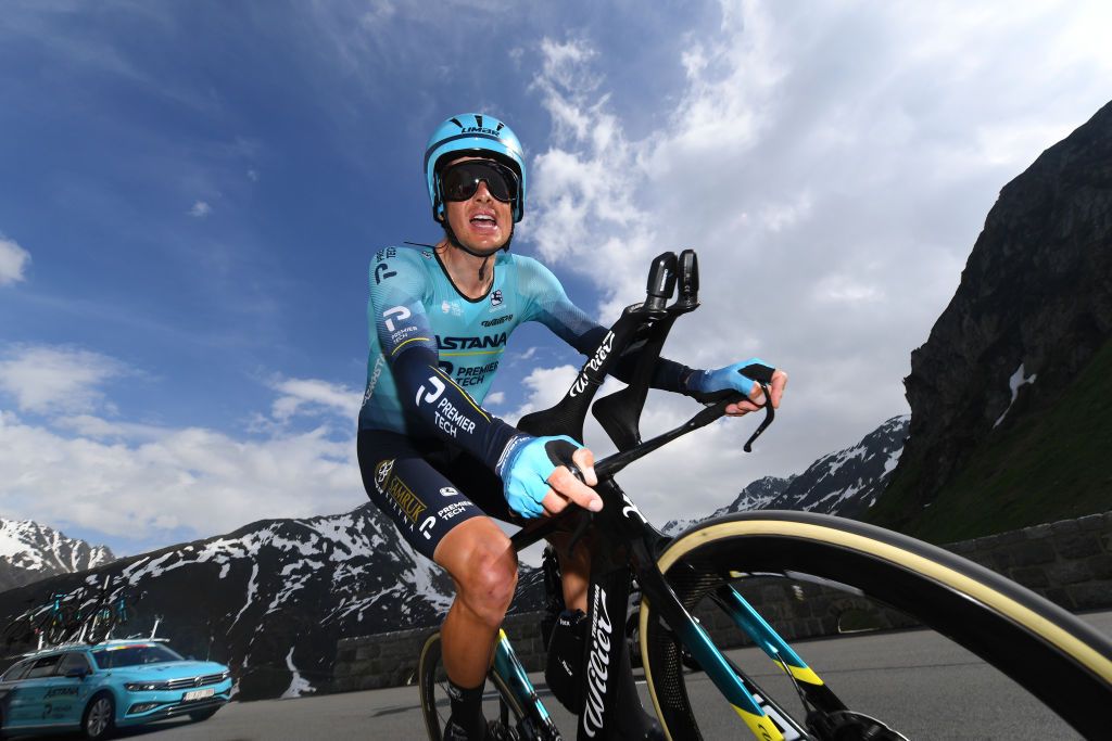 ANDERMATT SWITZERLAND JUNE 12 Jakob Fuglsang of Denmark and Team Astana Premier Tech during the 84th Tour de Suisse 2021 Stage 7 a 232km Individual Time Trial stage from DisentisSedrun to Andermatt ITT Mountains Snow Landscape UCIworldtour tds tourdesuisse on June 12 2021 in Andermatt Switzerland Photo by Tim de WaeleGetty Images