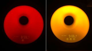 Philips SmartSleep Sleep and Wake-Up Light sunset function. Red and amber light.