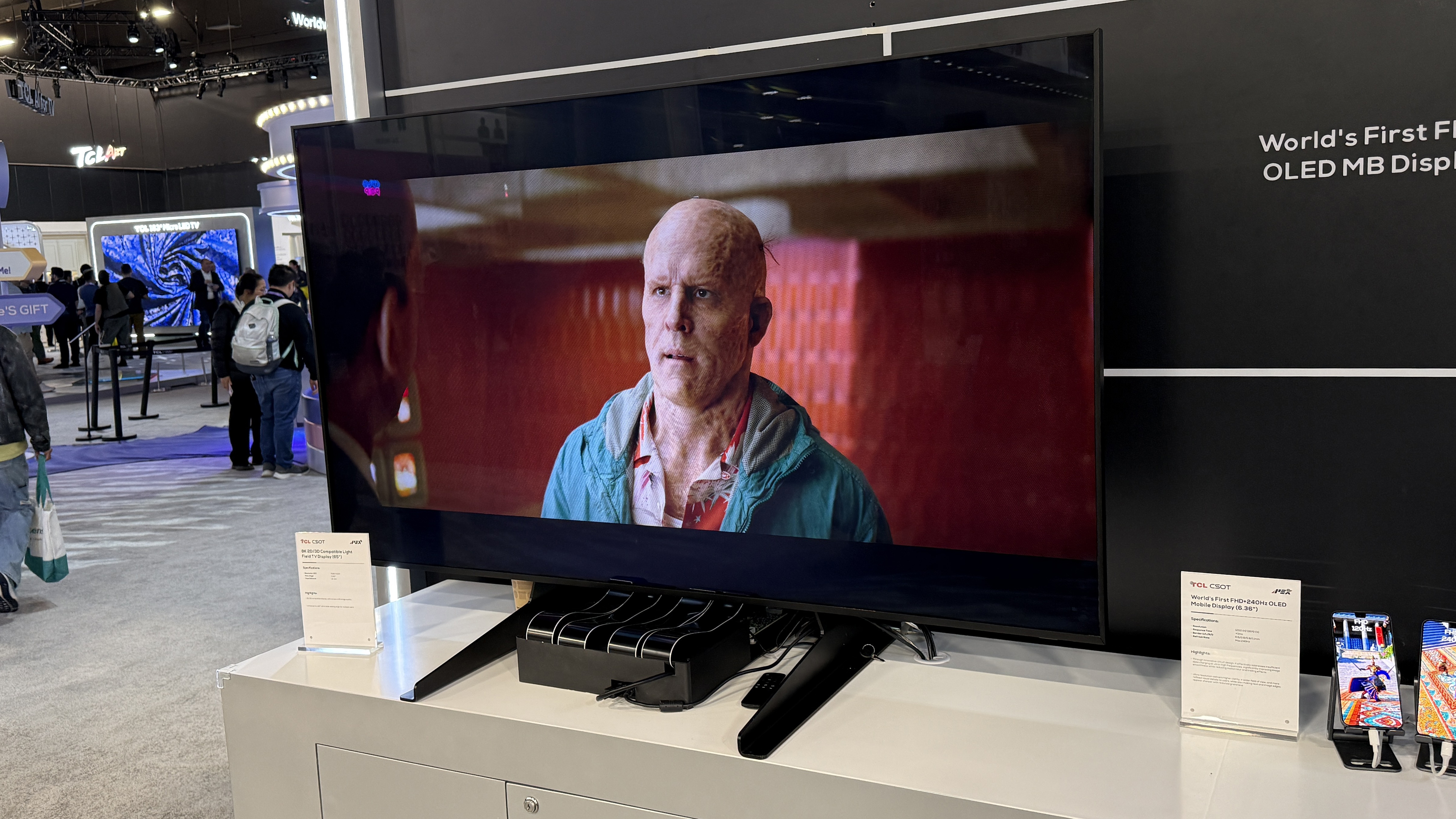 TCL's Light Field 3D TV with an image of Wade Wilson from Deadpool and Wolverine seen at an angle, with no image degradation