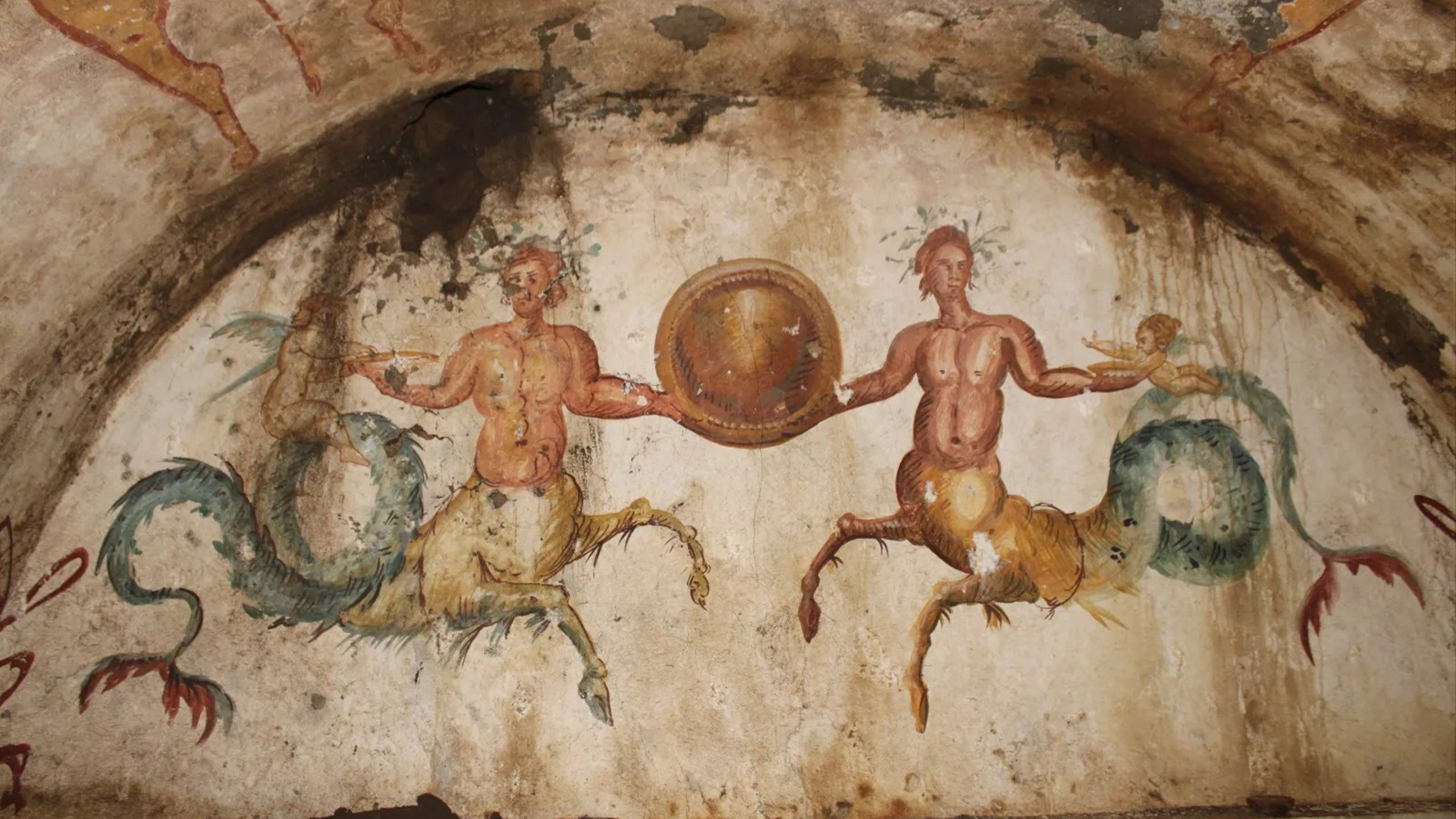  Mythical hellhound and sea-centaurs painted on 2,200-year-old tomb discovered in Italy 