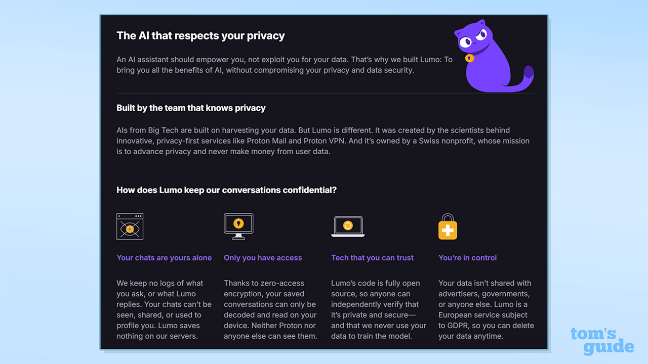 Screenshot of Lumo privacy credentials