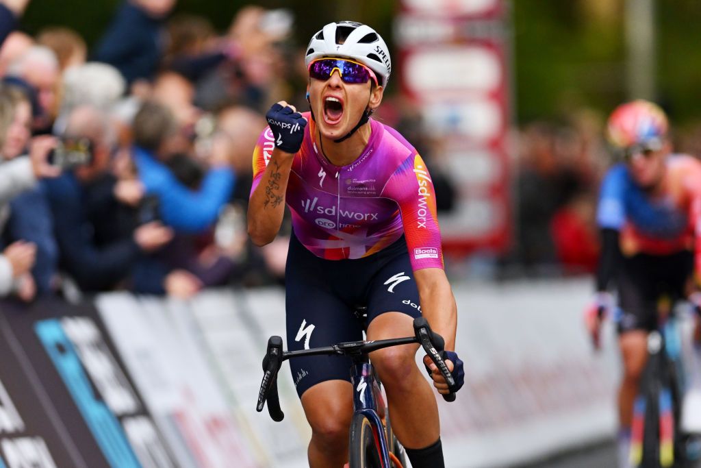 EDE NETHERLANDS OCTOBER 11 Barbara Guarischi of Italy and Team SD Worx Protime celebrates at finish line as stage winner during the 26th Simac Ladies Tour 2024 Stage 4 a 1182km stage from Ede to Ede UCIWWT on October 11 2024 in Ede Netherlands Photo by Luc ClaessenGetty Images