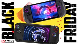 Two handhelds on a yellow background with the words 'Black Friday' down the side.