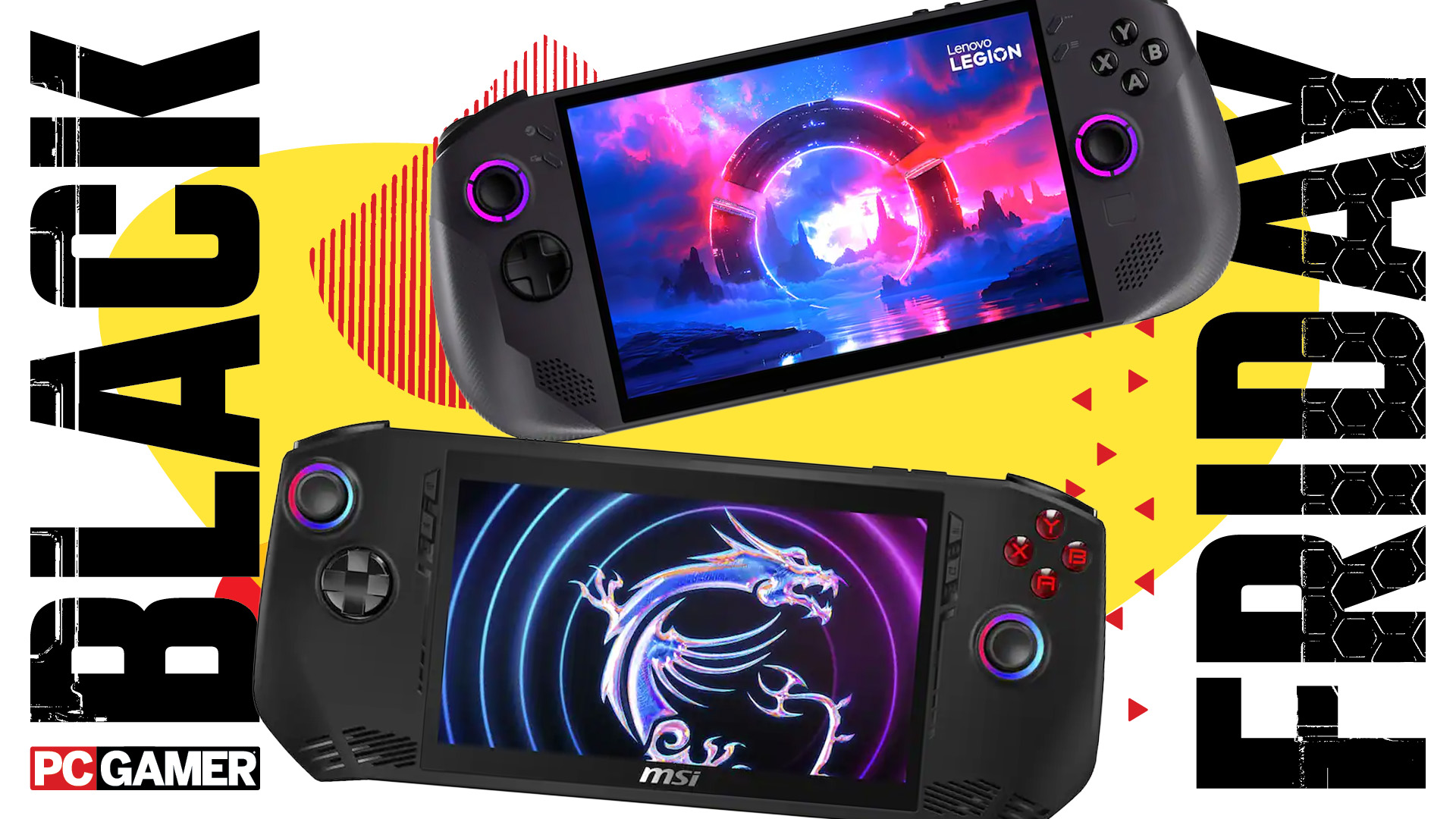 Two handhelds on a yellow background with the words &#039;Black Friday&#039; down the side.