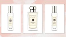 A collage of the best Jo Malone scents, including Wild Bluebell, Pomegranate Noir and English Pear & Freesia in a pink, watercolour paint-style template 