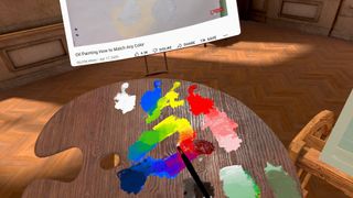 Still from the VR game Vermillion - VR Painting. Here we see a close up of a paint palette with several blobs of paint on in different colors.