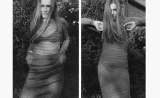 a black and white image of a model wearing Gerbase’s second skin knitwear skirt