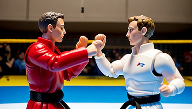 Plastic action figures of Elon Must and Mark Zuckerberg fight in a karate ring