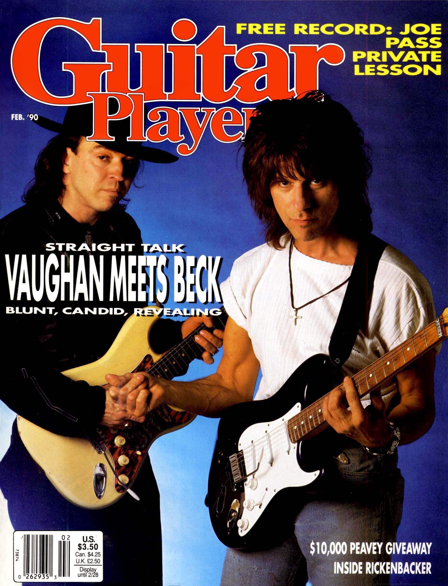The cover of Guitar Player's February 1990 issue featuring Stevie Ray Vaughan and Jeff Beck