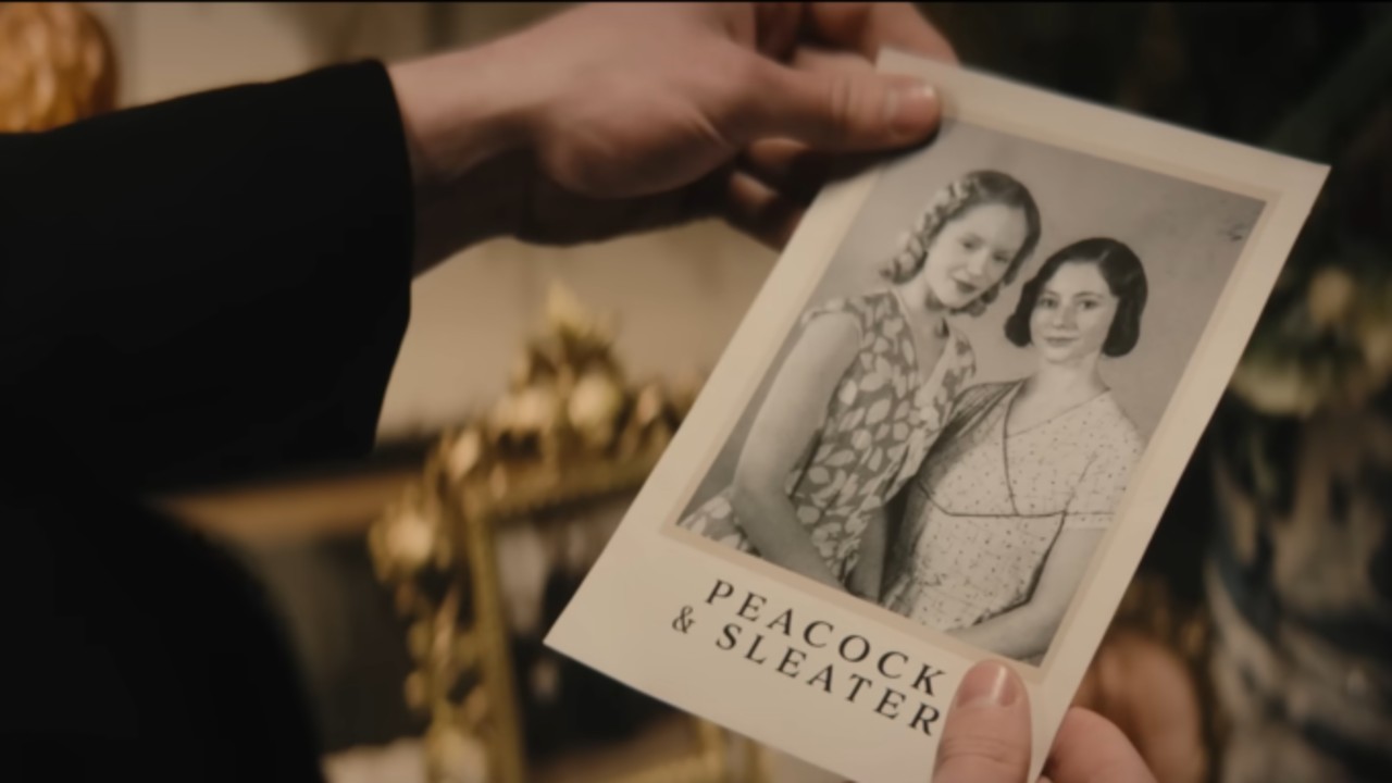 A photo of Emma Laird an dThomasin McKenzie in Fackham Hall. It says &quot;Peacock &amp;amp; Sleater&quot; underneat the image.