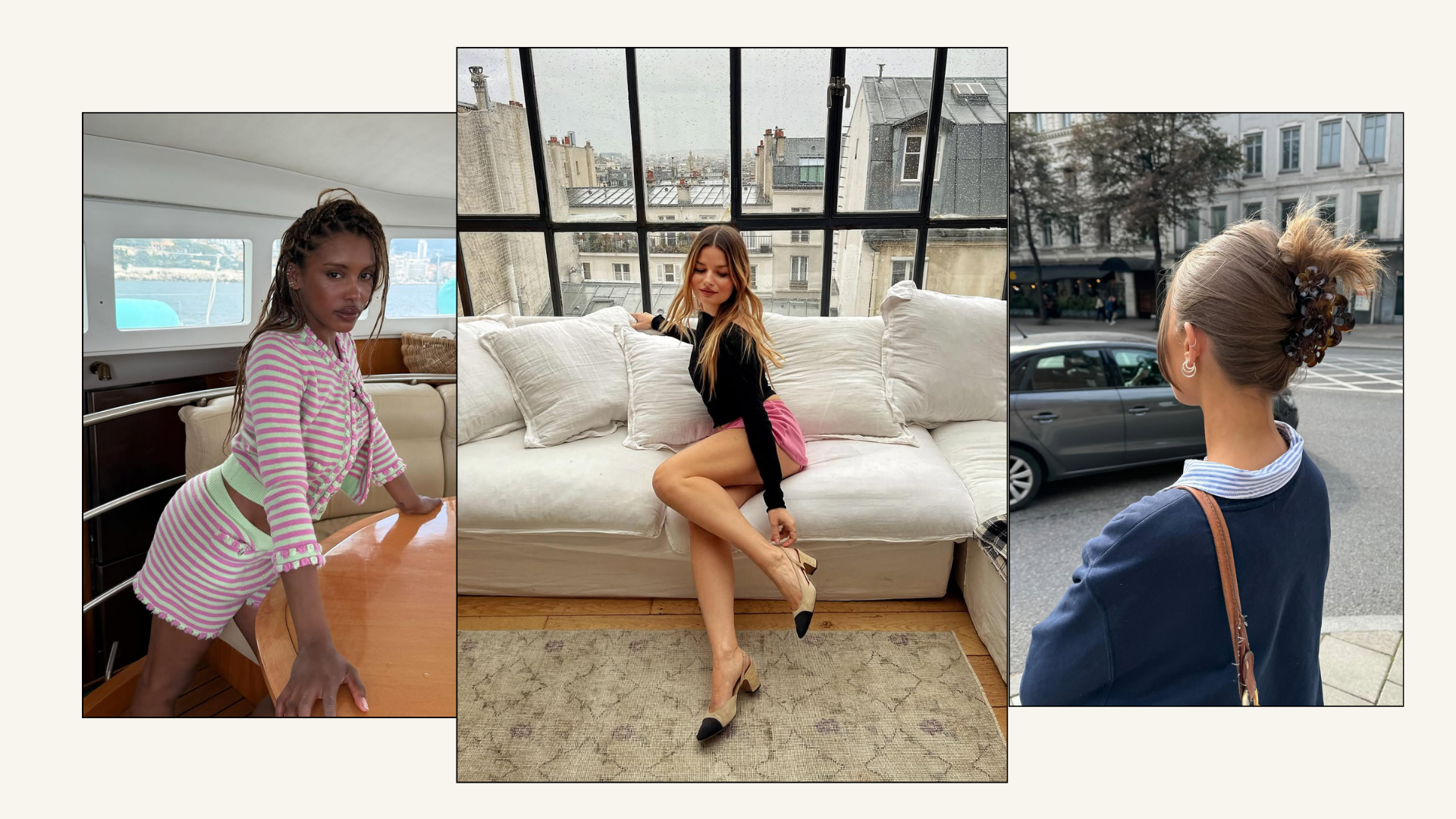 Influencer sabinasocol, sofiaboman, mv.tiangue wearing a matching set pink skirt and black top and tortoiseshell claw clip 