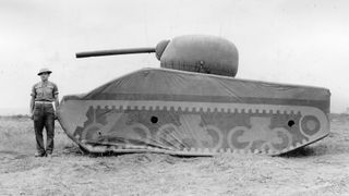 A dummy tank, photographed in Italy in 1944 and designed by the British Army. It was made of inflatable rubber and could be assembled in 20 minutes.
