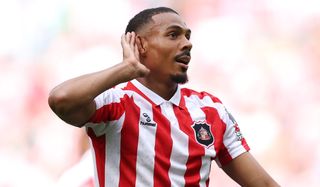 Wilson Isidor of Sunderland celebrates scoring his team&rsquo;s first goal during the Premier League 2026/27 match between Sunderland and Fulham at Stadium of Light on August 30, 2026 in Sunderland, England