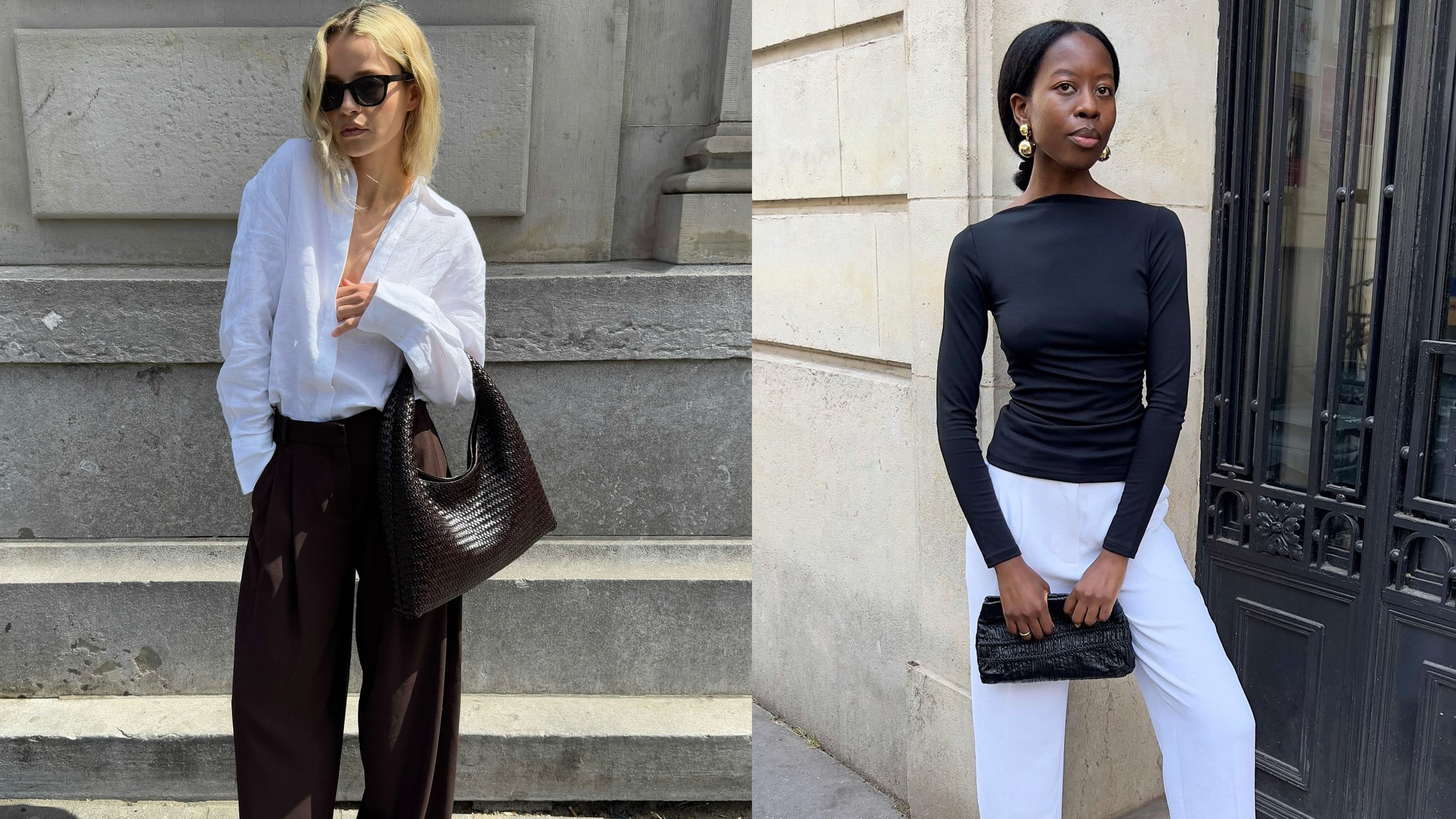Woman in white shirt and brown pants; woman in black fitted top and white pants