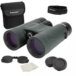 Product photo of the Celestron Nature DX 8x32 and accessories