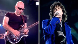 Left–Guitarist Joe Satriani performs on stage at the World Music Theater in Tinley Park, Illinois, September 3, 1998; Mick Jagger performs at Oakland Coliseum on October 28, 1994 in Oakland California