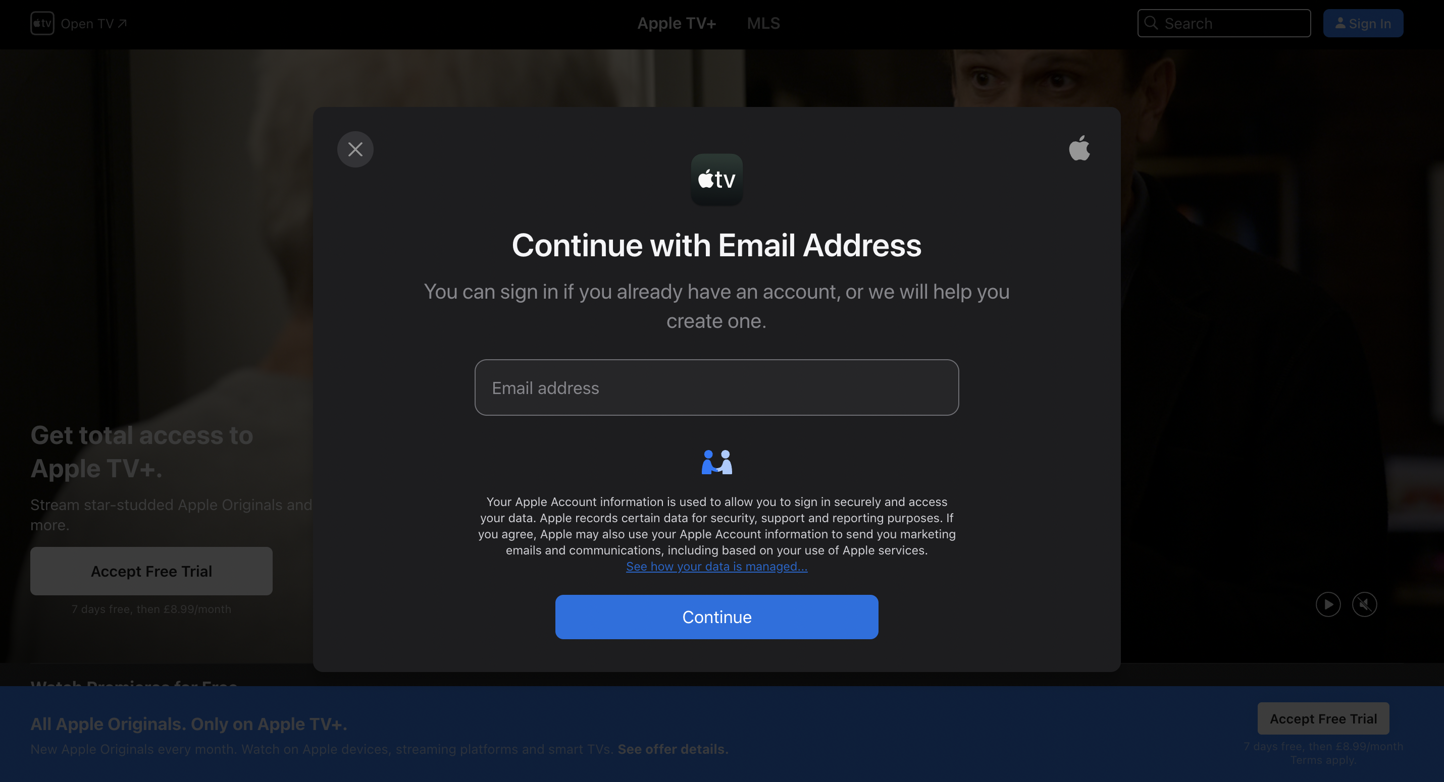 The Apple TV Plus sign up menu prompting a user to fill out their email