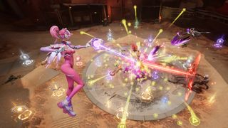 a woman with a jetpack and pink bodysuit flies in the air and shoots enemies below with a beam of energy