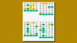 Quordle daily sequence answers for game 608 on a yellow background
