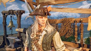A pirate standing in front of a Fast Travel bell and Ship Wharf in Windrose