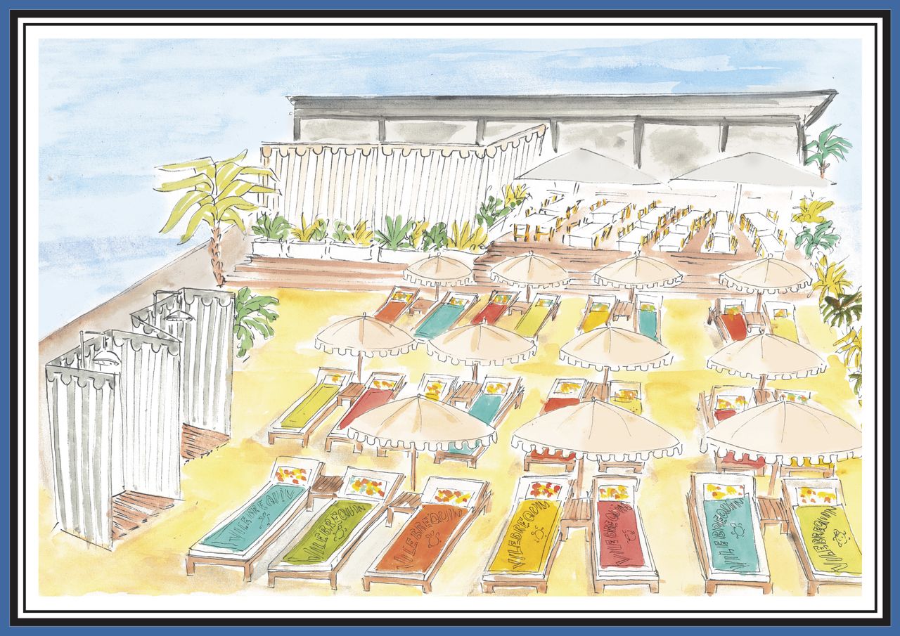 An illustration of the Vilebrequin beach club with sun loungers