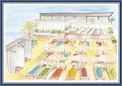 An illustration of the Vilebrequin beach club with sun loungers