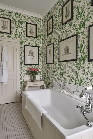 Bathroom with Aspa Green wallpaper Sarah Vanrenen for Penny Morrison at The Fabric Collective