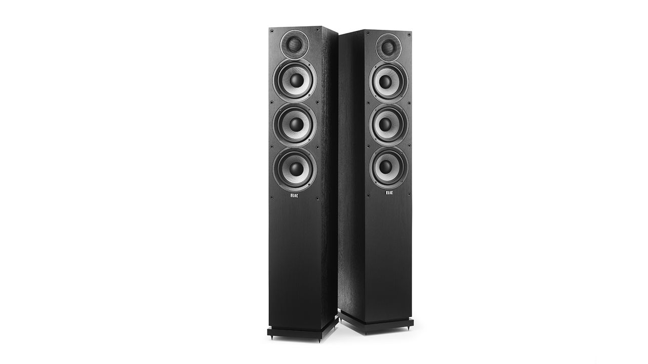 Elac Debut 2.0 F5.2 on a white background in black