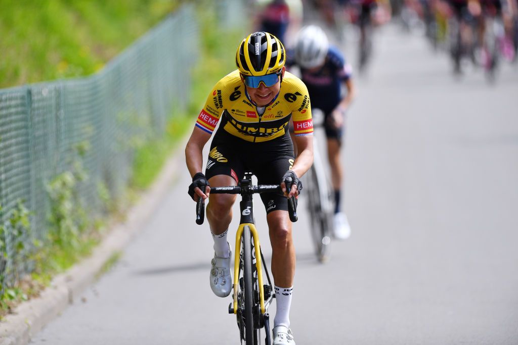 HUY BELGIUM APRIL 20 Anouska Helena Koster of Netherlands and Jumbo Visma Team attacks in the breakaway during the 25th La Flche Wallonne 2022 Womens Elite a 1334km one day race from Huy to Mur de Huy FlecheWallonne FWwomen on April 20 2022 in Huy Belgium Photo by Luc ClaessenGetty Images