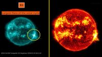 A composite image of the May 14 solar flare taken by the GOES-16 satellite (left) and NASA's Solar Dynamic Observatory (right) 