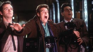 Bill Murray Dan Aykroyd and Harold Ramis freak out over a ghost in Ghostbusters.