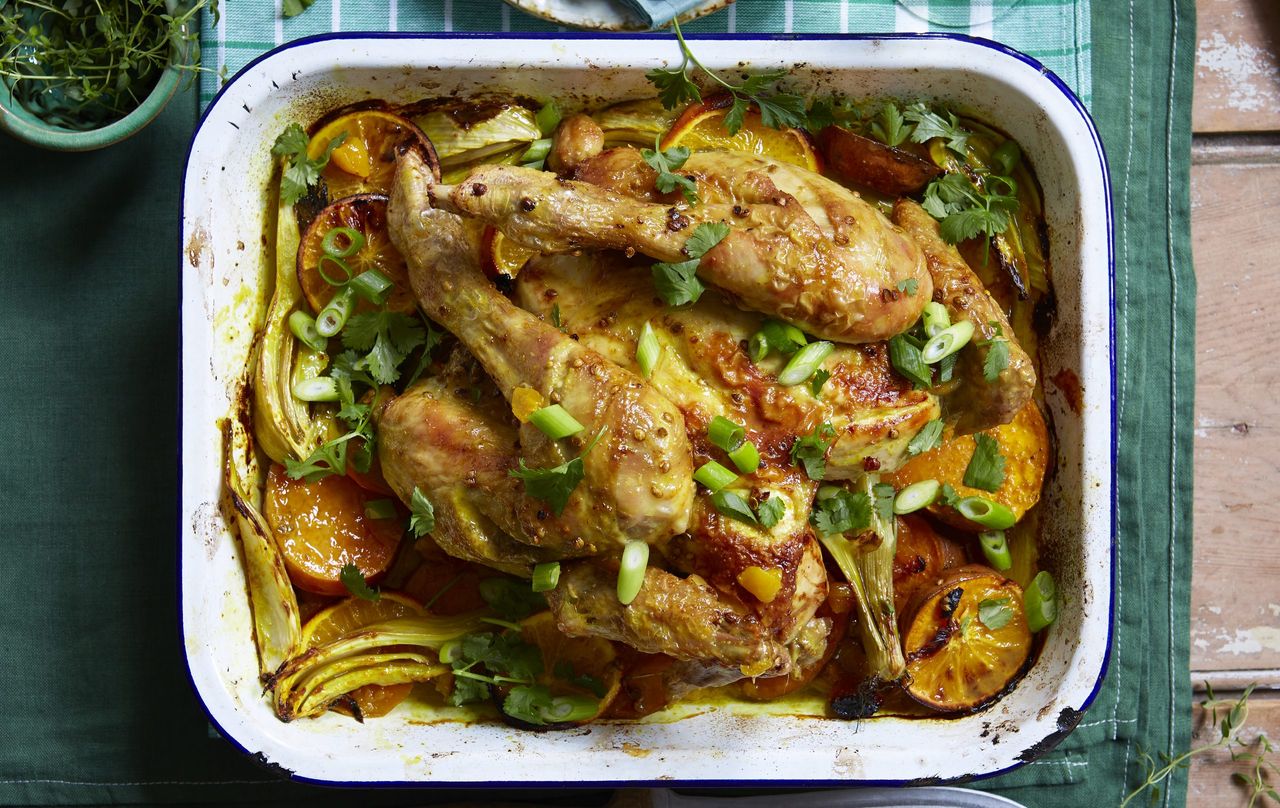 Moroccan chicken, apricot and potato bake