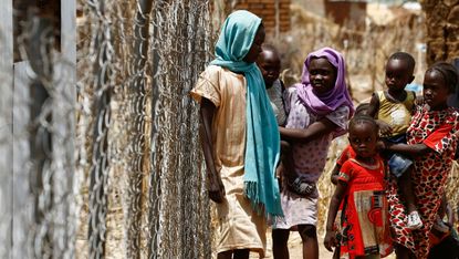 Displaced children at a refugee camp in South Sudan during a UN humanitarian visit in 2018