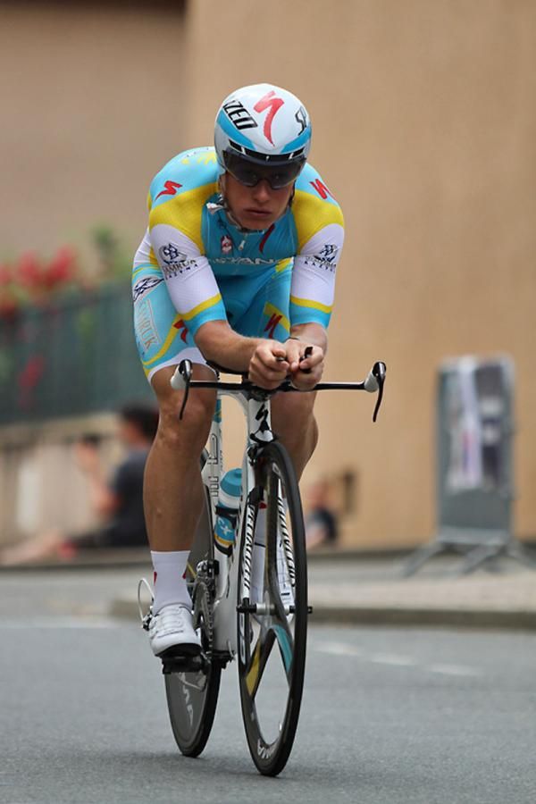 Alexandre Vinokourov (Astana Pro Team) rides through Villi&eacute;-Morgon at the start of the time-trial