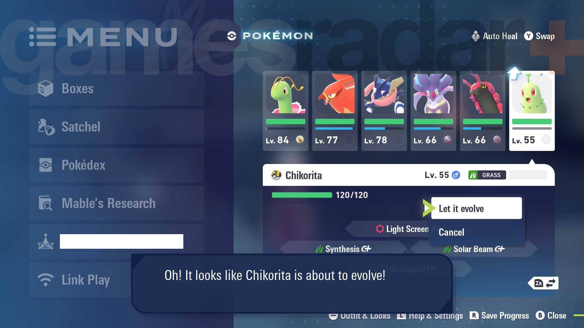 A Chikorita being prompted to evolve in Pokemon Legends: Z-A.