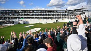 A shot of the Stadium Hole at TPC Scottsdale from behind the galleries