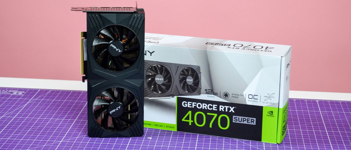 A PNY GeForce RTX 4070 Super Verto OC graphics card on a table with its retail packaging