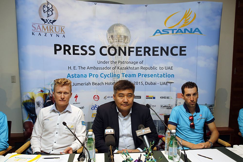Alexander Vinokourov, sponsor Kaletayev Darkhan and Tour de France winner Vincenzo Nibali