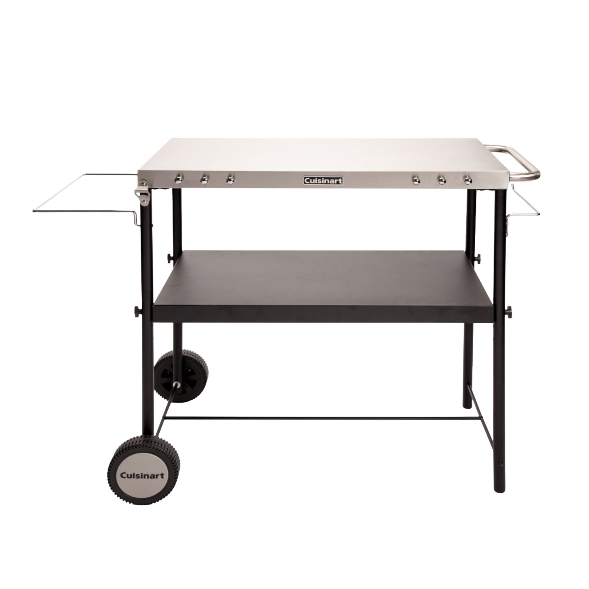 Stainless steel and black wheeled barbecue prep cart