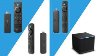 Four Fire TV gadgets on a white and blue background.